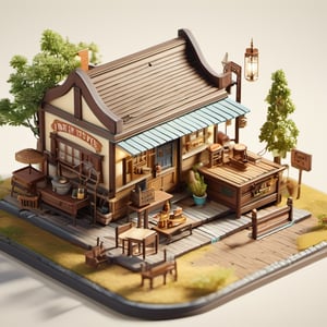 8k, RAW photos, top quality, masterpiece: 1.3), Western cowboy town 1978s , miniature, landscape, depth of field, ladder, table, from above, English text, chair, lamp, coffee, architecture, tree, potted plants, isometric style, simple background, white background,3d isometric