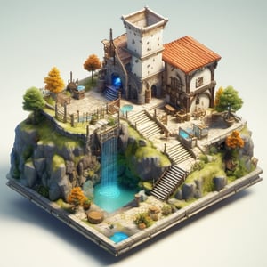 8k, RAW photos, top quality, masterpiece: 1.3),
medieval era , a mineral-rich mine
, miniature, landscape, depth of field, ladder,  from above, English text,architecture, tree, potted plants, isometric style, simple background, white background,3d isometric,steampunk style,ff14bg,DonMSt33lM4g1cXL,DonMD0n7P4n1cXL