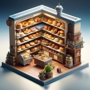 8k, RAW photos, top quality, masterpiece: 1.3),
The shelves in the bakery are filled with cakes, bread, doughnuts, toast, ham sandwiches, handmade cookies, and spiral rolls., miniature, landscape, depth of field, ladder,  from above, English text,architecture, tree, potted plants, isometric style, simple background, white background,3d isometric,steampunk style,ff14bg,DonMSt33lM4g1cXL