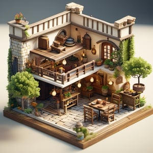 8k, RAW photos, top quality, masterpiece: 1.3),
 "Medieval Traveler's Inn
, miniature, landscape, depth of field, ladder, table, from above, English text, chair, lamp, coffee, architecture, tree, potted plants, isometric style, simple background, white background,3d isometric