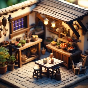 8k, RAW photos, top quality, masterpiece: 1.3),
 "4 different architecture,Medieval Traveler's Inn,Medieval Market
,Medieval Blacksmith Forge
,Medieval Fishmonger Stall
, miniature, landscape, depth of field, ladder, table, from above, English text, chair, lamp, coffee, architecture, tree, potted plants, isometric style, simple background, white background,3d isometric
