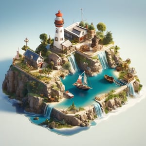 8k, RAW photos, top quality, masterpiece: 1.3),
Coast, embankment, lighthouse, sailboat.
, miniature, landscape, depth of field, ladder,  from above, English text,architecture, tree, potted plants, isometric style, simple background, white background,3d isometric,steampunk style,ff14bg,DonMSt33lM4g1cXL