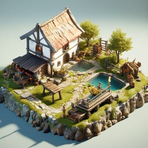 8k, RAW photos, top quality, masterpiece: 1.3),
Medieval farm
, miniature, landscape, depth of field, ladder,  from above, English text,Ore, cave, torch,Underground lake, isometric style, simple background, white background,3d isometric,steampunk style,ff14bg,DonMSt33lM4g1cXL,DonMD0n7P4n1cXL