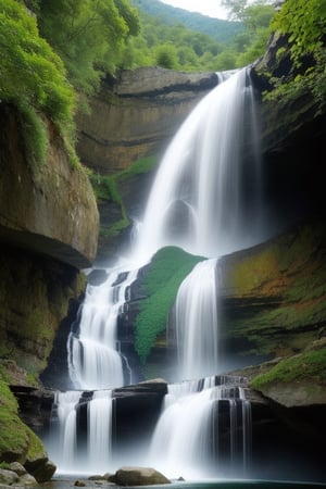 Waterfall falls vertically from the high mountain,best quality