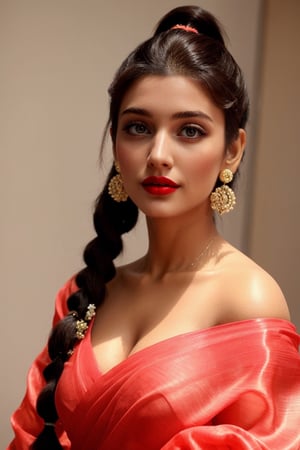 Nazia Khan,
(((high ponytail))),voluminous layers, as (((Bollywood outfit))) wearing coral saree blouse with big ring and,eyes looking at camera, slim, ponytail hair, big sensual lips, big blue eyes, white skin, (((perky breasts)))
