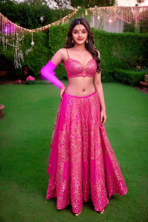  20 year old Indian girl , Indian, brown long hair, standing in garden, sweetheart, Wear Indian lehnga choli, glowing fare skin, photo realistic, ultra realistic, sexy brown eyes, cute smile, Indian fashion mode, dancing, photo realistic, indian actress, looking camera,, feeling good ,Details indian girl ,zari00lehnga0