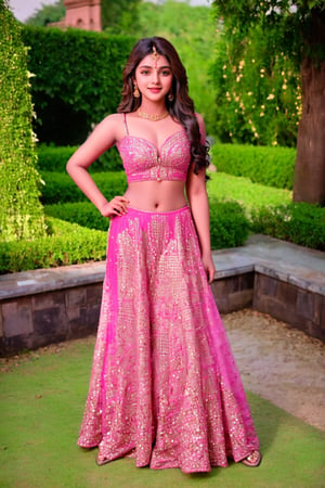  20 year old Indian girl , Indian, brown long hair, standing in garden, sweetheart, Wear Indian lehnga choli, glowing fare skin, photo realistic, ultra realistic, sexy brown eyes, cute smile, Indian fashion mode, dancing, photo realistic, indian actress, looking camera,, feeling good ,Details indian girl ,zari00lehnga0