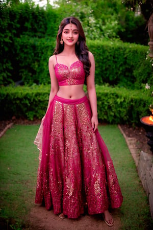  20 year old Indian girl , Indian, brown long hair, standing in garden, sweetheart, Wear Indian lehnga choli, glowing fare skin, photo realistic, ultra realistic, sexy brown eyes, cute smile, Indian fashion mode, dancing, photo realistic, indian actress, looking camera,, feeling good ,Details indian girl ,zari00lehnga0