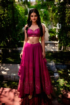  20 year old Indian girl , Indian, brown long hair, standing in garden, sweetheart, Wear Indian lehnga choli, glowing fare skin, photo realistic, ultra realistic, sexy brown eyes, cute smile, Indian fashion mode, dancing, photo realistic, indian actress, looking camera,, feeling good ,Details indian girl ,zari00lehnga0