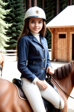 realhands Very detailed, high quality, masterpiece, beautiful and perfect eyes, realistic photo, (medium shot) 12 year old teenager, teenager's body, with long dark brown hair, trige, dark complexion, light brown eyes, small body, She smiles, she is very happy, she has a riding cap, riding jacket, high-necked blouse, tight riding pants and black riding boots, she is inside a stable, there are horses and she looks at the viewer with joy, it is somewhere place in Oregon USA, in the background is a coniferous forest, photorealistic, AIDA_LoRA_HanF