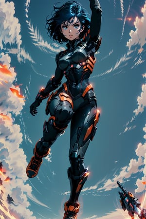 Anime-style character of a young woman soaring through the sky, equipped with a high-tech energy weapon. She has short blue hair and brown eyes with a serious expression. Her combat suit is a mix of dark grey and black armor, accented by bright orange combat boots. She is holding a sleek energy weapon, such as a futuristic gun or energy blade. The sky is bright blue with soft white clouds and sunlight streaming through, creating a dramatic and exhilarating backdrop. Her pose is confident and dynamic, emphasizing both her combat readiness and the beauty of flight.