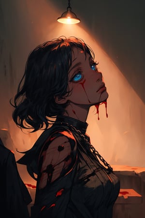 masterpiece, best quality, beautiful eyes, clear eyes, detailed eyes, intense eyes, 1woman, 25 years old, full-body, combat, high_color, black-hair, blood-stained, torn-clothing, injuries, chained-to-wall, anguish, high_detail, factory-background, dramatic lighting, realistic wounds, gory details, strength, resilience, battle-damaged, photo-realistic, masterpiece:1.5, spot light, dramatic expression, from side:1.5, portrait, masterpiece, wavy hair, 3D face, bruised, scarred, 1woman:1.3, blue eyes, tareme:1.5, cowboy shot:1.5, clear face:1.3, stand:1.3, head tilt:1.3, tattered outfit, flat chest:1.4, realistic body proportions, Model Body Type, Dark Background:1.3, slender Body:1.3, shiny skin,