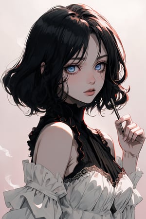 masterpiece, best quality, beautiful eyes, clear eyes, detailed eyes, dark-eyes, 1girl, 20 years old, full-body, break, smoking, high_color, black-hair, beauty, black-boots, Flat vector art, Colorful art, white_shirt, simple_background, white_background, Ink art, peeking out upper body, pink colour lighting:1.5, photorealistic, masterpiece:1.5, spot light, exquisite gentle eyes, from side:1.5, portrait, masterpiece, breast focus:1.2, multicolored hair:1.4, wavy hair, 3D face, black hair, short hair:1.2, sidelocks, 1girl:1.3, blue eyes, tareme:1.5, cowboy shot:1.5, clear face:1.3, stand:1.3, head tilt:1.3, Shoulderless sundress:1.2, flat chest:1.4, cute face, A balanced body, Model Body Type, Dark Background:1.3, slender Body:1.3, shiny hair, shiny skin, niji