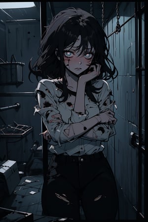 
Anime-style illustration of a young woman in her early 20s, trapped behind bars in a dimly lit cell. She has long, black hair with a few strands falling over her face and dark, expressive eyes showing a mix of pain and determination. Her clothes are simple, a torn white blouse and black pants, with visible bruises and cuts on her arms and face. The background is a dark, gloomy prison cell with shadows and bars in the foreground. The mood is somber and dramatic, with a focus on the woman's wounded state and emotional expression