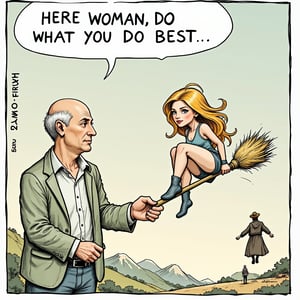 Simple comic, bald man hands sexy lady a broom saying
"Here woman, do what you do best"
In the next strip, sexy lady is riding on the broom, flying away in the distance
bald man looks surprised