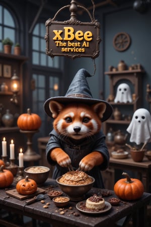 a red panda making dessert, dressed in a witch hat and a witch HALLOWEEN COSTUME, and halloween decoration, with a pumpkin, candles, and a sheet ghost in the background, a fun and memorable image(indoor,very wide isometric view,tilt-shift lens:1.4), (miniature,diorama,no_realistic,no_photo:1.4) of (stasis _chamber:1.3),glass building,The sign reads 'xBee The best AI services' in bold