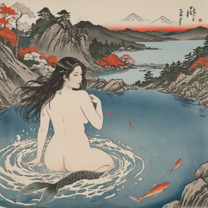 (Panorama) ( a naked mermaid bathing in a hot spring: 1.3), legs spread: 1.3, (extremely big breasts: 1.3), (thickness: 1.3), Ukiyo-e, ((ink: 1.2)), splash pen: 1.2, sense of pen and ink: 1.3, , nude, ink, colorful, shogun, (hot spring), ukiyo-e