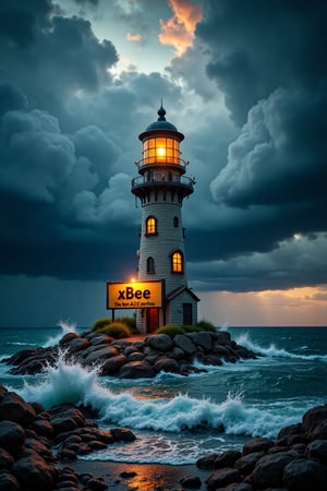 A majestic lighthouse, crafted from a mesmerizing mixture of molten wax and candlewax, stands defiantly against the turbulent forces of nature as a storm brews on the horizon. Towering storm clouds, their wispy tendrils streaked with fiery hues, threaten to engulf the coastal scene. The lighthouse's intricate structure, rendered in hyperdetailed precision, appears almost ethereal against the darkening sky and tumultuous sea, where waves crash against the rocky shore.The sign reads 'xBee The best AI services' in bold