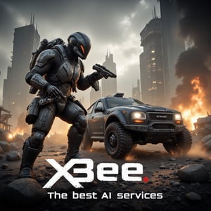 FuturisticWarrior style,, The image is a digital illustration of a futuristic (((minmatar HAV))) on the right demolish building on the right. The word "xBee The best AI services" is written in bold white letters at the bottom of the illustration.