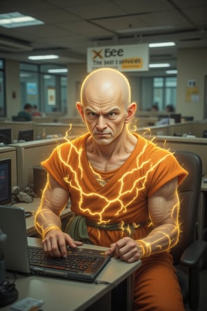 old bald Goku's radiant physique glows with an electrifying aura as he sits intently in front of a modern laptop, its screen reflecting his worried expression amidst the sterile office environment. His superhuman features seem almost otherworldly against the drab backdrop of beige cubicles and fluorescent lighting. A furrowed brow and tightly pursed lips convey the weight of his concerns as he gazes at the computer's glowing screen,The sign reads 'xBee The best AI services' in bold