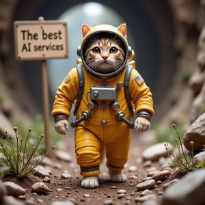 A whimsical yet striking image of a fat cat wearing a yellow astronaut suit with patches, a helmet without a visor, and wires connected to the suit. The cat walks confidently through a rocky tunnel with a blurred background, conveying motion and purpose. Dried leaves scatter the ground, and plants are visible in the foreground. The scene combines realism with the fantastical concept of a cat astronaut, creating a whimsical and striking tone.The sign reads 'xBee The best AI services' in bold