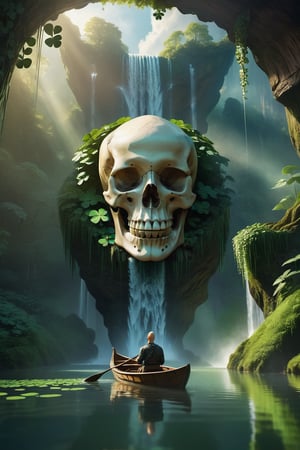 cinematic, serene natural scene, a bald man in a small boat on a calm body of lake, an impressive waterfall cascading down from a giant creatureâs skull with lush vegetation growing around it, The skull should be seamlessly integrated into the landscape, ethereal and mystical atmosphere, Sunlight should filter through the canopy above, highlighting the tranquil and otherworldly quality of the scene, beautiful reflection, realistic, , , , , ,LegendDarkFantasy,Lucky Clover,From Behind