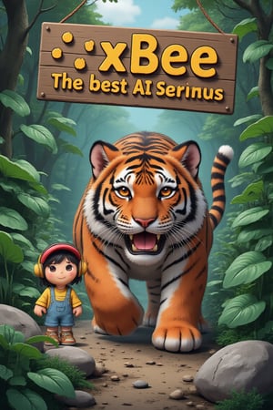 Realistic Tiger stalking a cute anime girl, realistic jungle as the background.The sign reads 'xBee The best AI services' in bold