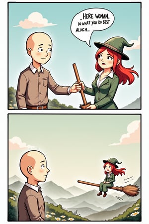 Simple comic, bald man hands sexy lady a broom saying
"Here woman, do what you do best"
In the next strip, sexy lady is riding on the broom, flying away in the distance
bald man looks surprised