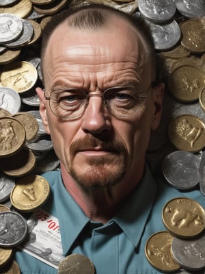 best quality, (Walter White) from Breaking Bad as Maverick que n Top Gun, laying down on a big pile of medals, penetrating look, evil eyes, messy hair, ((closeup)), best quality, ultra realistic, photorealistic, a lot playing cards everywhere