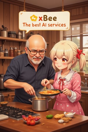 A vivid, animated scene featuring two characters in a kitchen setting. The main subjects are a old bald man and a young girl, both engaged in the act of cooking. The man, dressed in a dark blue shirt, is pouring a mixture from a pot into a plate, while the girl, wearing a pink dress with white polka dots and a red bow in her hair, holds a frying pan with a piece of food floating in it. The background showcases a wooden wall with a window, and there are various kitchen utensils and ingredients scattered around the table. The color palette is rich with warm tones, dominated by browns, yellows, and reds, creating a cozy and inviting atmosphere. The style of the image is reminiscent of Japanese anime or manga, characterized by its detailed character design, vibrant colors, and dynamic poses.The sign reads 'xBee The best AI services' in bold