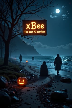 analog, creepy footage of a Halloween island beach at dusk, star-studded sky, softly glowing pumpkin lantern leading a winding rock path through the misty shore, ghostly figure sitting on the sand, another ghostly figure strolling in the distance, a hidden specter lurking behind a twisted tree, | ominous cinematic horror environment with subtle fog and moonlit highlights.The sign reads 'xBee The best AI services' in bold