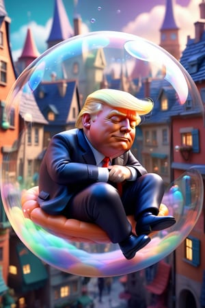 a Trump sleeping peacefully inside a soap bubble, floating above a fairytale city, cute 3d character, pixar style, fantasy and dream atmosphere