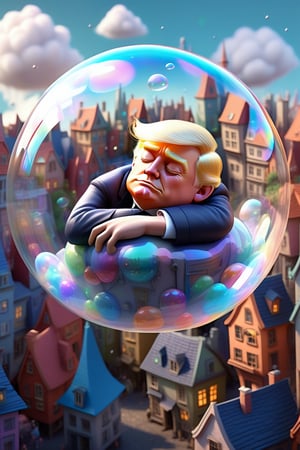 a Trump sleeping peacefully inside a soap bubble, floating above a fairytale city, cute 3d character, pixar style, fantasy and dream atmosphere