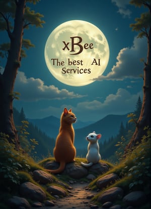 a cat and white small mouse side by side sitting on grassy cliff while looking up watching a big fullmoon. left and right framing by trees and plants,10xRFBoost,cartoonish 3D painting,Fantasy detailers,The sign reads 'xBee The best AI services' in bold