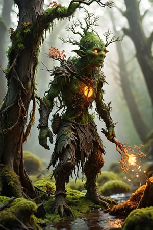 A towering, treemancer composed of gnarled branches and glowing moss stands guard over a hidden grove. Wooden warriors sprout from the ground at its command, their limbs formed from twisted roots and their eyes glowing with emerald fire.
,DonM3lv3nM4g1cXL,shards,outline