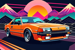 Japanese style, 80s retro vibe, aesthetic, motor sports design, geometric mountain background, retro-style sun.