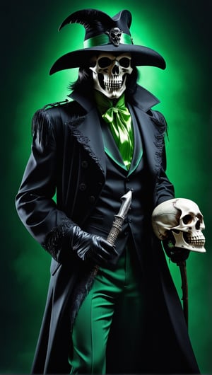 Grim Reaper as a pimp form 1970’s wearing a zoot suit style outfit, Black and green outfit, Dynamic Pose, simple-background, HD resolution, Insane detail, hyper realism, Dramatic lighting, Grim Reaper Inspired, holding a raven skull head Cain, wearing a black Feathery pimp hat, Ravens incorporated, Ravens within the art photo,