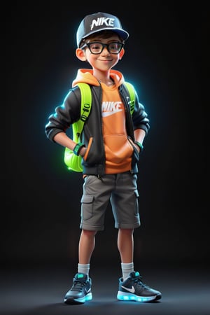 Create a 3D realistic character in a black background, 1boy character, 12 year old age, wearing a stylish and expenses cloth, wearing glasses, wearing cap, wearing smart watch, wearing  Nike brand shoes,  standing position, perfect body, perfect muscles, 💪💪, simple smile, solo smile, 4k, 8k, resolution 
 
(Background, futuristic background, neon lighting,)
