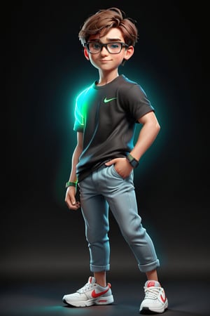 Create a 3D realistic character in a black background with 2 neon lights red and green, 1boy character, 16 years old age, wearing a stylish and modern cloth, wearing black_glasses, ((Brown hair, hairstyle)), (blue eyes), wearing smart watch, wearing  Nike brand shoes, smoking, standing position, perfect body, perfect muscles, 💪💪, strong body muscles, simple smile, solo smile, 4k, 8k, resolution, 

Zoom, zoom pic, zoom full body, 
 
