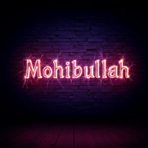 neon, indoor wall, etv mix font. 
"Mohibullah"
"font style"
