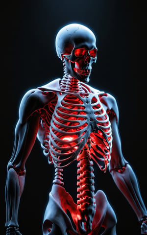 (best quality, 4K, 8K, high-resolution, masterpiece), ultra-detailed, extremely realistic photography of [man] , dark background, |red] halo around head, xray body reflections, black, skeleton hand on chest,below, photorealistic, dark mistica