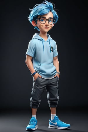 Create a 3D realistic character in a black background, 1boy character, 16 year old age, wearing a stylish and expenses cloth, wearing glasses, ((blue hair, hairstyle)), (blue eyes), wearing smart watch, wearing  Nike brand shoes,  standing position, perfect body, perfect muscles, 💪💪, strong body muscles, simple smile, solo smile, 4k, 8k, resolution 
 
