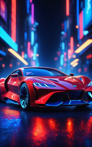 (best quality, 4K, 8K, high-resolution, masterpiece), ultra-detailed, realistic, photorealistic, glowing car, abstract background, bokeh effect, blue and red color scheme, magical atmosphere, dynamic lighting, high contrast, detailed neural texture, ethereal ambiance, high detail, high resolution, luminous car structure, neon glow, mesmerizing visuals, cinematic composition, particles effect, delicate details, scientific elegance.