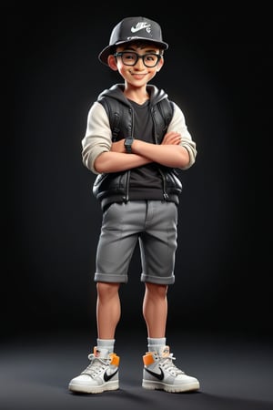 Create a 3D realistic character in a black background, 1boy character, 15 year old age, wearing a stylish and expenses cloth, wearing glasses, wearing cap, wearing smart watch, wearing Nike brand boot, standing position, Mafia Don, perfect body, perfect muscles, simple smile, smile, 4k, 8k, resolution 

(Mini body but big face, trending Instagram photos)
