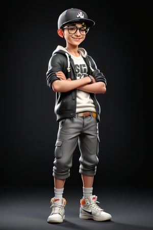 Create a 3D realistic character in a black background, 1boy character, 15 year old age, wearing a stylish and expenses cloth, wearing glasses, wearing cap, wearing smart watch, wearing Nike brand boot, standing position, Mafia Don, perfect body, perfect muscles, simple smile, smile, 4k, 8k, resolution 