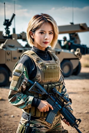 girl, pretty face, short hair, blonde hair, (photo reality: 1.3) , Edge lighting, (high detail skin: 1.2) , hdr, 4k, 8k, highly detailed, sharp focus, realistic, high quality, A beautiful soldier girl wearing camouflage military equipment, holding our rifle, combat gloves, AR-15, on the battlefield, front line, with sacrificed comrades, beautiful, but he is angry, eyes full of murder, best quality, full body portrait, real picture, complex Detail, depth of field, Fujifilm XT3, beautiful lighting, RAW photos, 8k Ultra HD, film grain, dark tones, moody.,jisoo