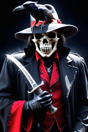 Grim Reaper as a pimp form 1970’s wearing a zoot suit style outfit, Black and Red outfit, Dynamic Pose, simple-background, HD resolution, Insane detail, hyper realism, Dramatic lighting, Grim Reaper Inspired, holding a raven skull head Cain, wearing a black Feathery pimp hat, Ravens incorporated, Ravens within the art photo,