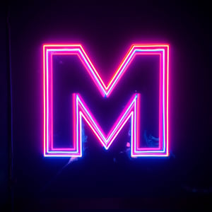 neon, indoor wall, etv mix font. 
"M"
"font style"