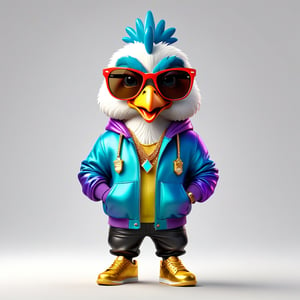 Cinema4D's hyper-realistic character photo 3D caricature for the mascot, showing the 3D characters \"Kaijō"\ on a gold necklace.
The main object shows a half-body character, a hip-hop chicken.
Wear a hooded jacket with a smooth, colorful gradient. Rainbow chrome surface tone Big smock cigar Golden sunglasses, an angry look, an exaggerated figure that looks perfect and sophisticated. symmetrical and serious Realistic digital cartoon style Plain white background