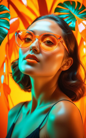 (best quality, 4K, 8K, high-resolution, masterpiece, ultra-detailed, photorealistic), double exposure effect, woman with glasses, vibrant orange background, tropical theme, surreal and artistic composition, glowing and reflective glasses, high contrast, dynamic lighting, ethereal ambiance.